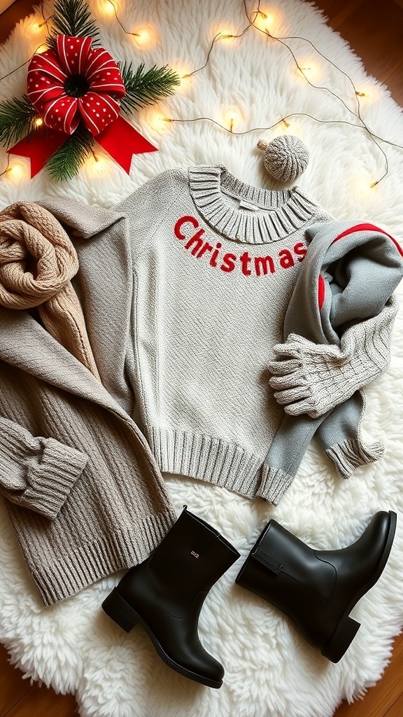 Flat lay of Christmas clothing wishlist items including a sweater, coat, boots, and accessories on a cozy blanket.